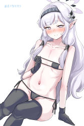 Rule 34 | 1girl, bikini, black bikini, black gloves, black thighhighs, blue archive, blush, breasts, cameltoe, closed mouth, collarbone, eyepatch bikini, flower, gloves, grey hair, hair flower, hair ornament, hair tubes, hairband, halo, highres, himari (blue archive), invisible chair, long hair, looking at viewer, machismo fuji, mole, mole under eye, navel, pointy ears, simple background, sitting, small breasts, smile, solo, swimsuit, thighhighs, white background