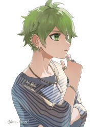 Rule 34 | 1boy, absurdres, amami rantaro, artist name, danganronpa (series), danganronpa v3: killing harmony, ear piercing, earrings, from side, green eyes, green hair, hair between eyes, hand on own chin, hand up, highres, jewelry, long sleeves, male focus, narudo, necklace, piercing, shirt, short hair, simple background, striped clothes, striped shirt, thinking, upper body, white background