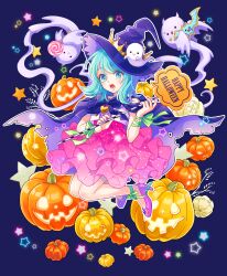 Rule 34 | 1girl, absurdres, ankle bow, ankle ribbon, blue eyes, blue hair, bow, candy, cape, dress, food, gemini (kokoma), ghost, halloween, hat, heart, heart necklace, highres, jack-o&#039;-lantern, jewelry, layered dress, leg ribbon, lollipop, long hair, necklace, open mouth, original, pink dress, pink footwear, purple cape, purple nails, ribbon, solo, swept bangs, witch, witch hat