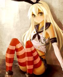 Rule 34 | 10s, 1girl, anchor, bare shoulders, black panties, blonde hair, elbow gloves, gloves, hair ornament, hair ribbon, hebinuma, kantai collection, long hair, looking at viewer, navel, panties, personification, ribbon, sailor collar, shimakaze (kancolle), sitting, skirt, solo, striped clothes, striped thighhighs, thighhighs, underwear, white gloves