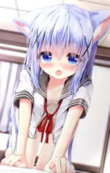 Rule 34 | 1girl, all fours, animal ear fluff, animal ears, black sailor collar, blue eyes, blue hair, blurry, blurry background, blush, bottomless, breasts, cat ears, collarbone, commentary request, curtains, depth of field, dress shirt, dutch angle, fang, gochuumon wa usagi desu ka?, hair between eyes, hair ornament, highres, indoors, kafuu chino, kemonomimi mode, kouda suzu, long hair, looking at viewer, naked shirt, navel, neck ribbon, open clothes, open mouth, open shirt, red ribbon, ribbon, sailor collar, school uniform, serafuku, shirt, small breasts, solo, very long hair, white shirt, x hair ornament