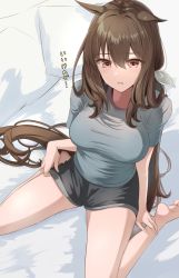 Rule 34 | 1girl, admire vega (umamusume), animal ears, barefoot, black shorts, blush, breasts, brown hair, commentary request, grey shirt, hair between eyes, hair ribbon, highres, horse ears, horse girl, horse tail, looking at viewer, medium breasts, on bed, pillow, pink eyes, ribbon, ryouta (ryouta335), shirt, shorts, sitting, solo, tail, taut clothes, taut shirt, translation request, umamusume, wariza