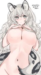 Rule 34 | 1girl, absurdres, animal ears, arknights, blue eyes, blush, braid, breast hold, breasts, chunta, grey hair, groin, hair between eyes, highres, large breasts, leopard ears, leopard girl, leopard tail, long hair, looking at viewer, out-of-frame censoring, pramanix (arknights), revision, simple background, solo, tail, twin braids, underboob, upper body, white background
