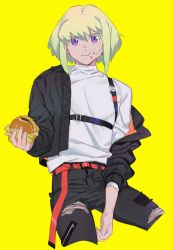 Rule 34 | 1boy, belt, burger, casual, eating, food, green hair, highres, jacket, lio fotia, looking at viewer, male focus, off shoulder, pants, promare, purple eyes, short hair, solo, torn clothes, torn pants, yagita (astronomie), yellow background