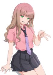 Rule 34 | 1girl, absurdres, black skirt, collared shirt, commentary, green eyes, gridman universe, gridman universe (film), grin, highres, hyosi, light brown hair, long hair, looking at viewer, minami yume, necktie, pink shirt, pleated skirt, shadow, shirt, shirt tucked in, short sleeves, simple background, sitting, skirt, smile, solo, ssss.dynazenon, teeth, two-tone necktie, v, white background
