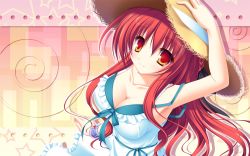 Rule 34 | 1girl, 77: and the two stars meet again, breasts, cleavage, female focus, hat, highres, large breasts, long hair, mikagami mamizu, red eyes, red hair, solo, straw hat