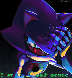 Rule 34 | 1boy, artist name, broken, copium v, english text, green eyes, highres, looking at viewer, male focus, metal sonic, red eyes, robot, sonic (series), sonic the hedgehog