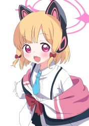 Rule 34 | 1girl, absurdres, animal ear headphones, animal ears, black skirt, blonde hair, blue archive, blue necktie, blush, bow, collared shirt, fake animal ears, hair bow, halo, headphones, highres, jacket, long sleeves, looking at viewer, momoi (blue archive), necktie, open mouth, pink halo, pleated skirt, red bow, red eyes, shirt, short hair, simple background, skirt, smile, solo, tamura-chan, white background, white jacket, white shirt