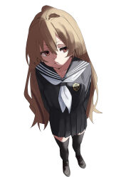 Rule 34 | 1girl, aisaka taiga, arms behind back, black sailor collar, black serafuku, black shirt, black skirt, black thighhighs, brown eyes, brown hair, facing viewer, from above, fu-ta, hair between eyes, highres, long hair, neckerchief, pleated skirt, sailor collar, school uniform, serafuku, shirt, sideways glance, simple background, skirt, solo, thighhighs, toradora!, white background, white neckerchief