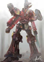 Rule 34 | armored core, armored core 3, artist name, clenched hand, gun, holding, holding gun, holding weapon, hukutuuprunes, mecha, no humans, outdoors, robot, standing, weapon