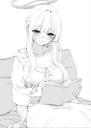 Rule 34 | 1girl, blue archive, book, breasts, cleavage, closed mouth, dress, greyscale, halo, highres, holding, holding book, large breasts, long hair, long sleeves, marurumaru00, monochrome, noa (blue archive), open book, reading, simple background, sitting, solo, turning page, very long hair, white background
