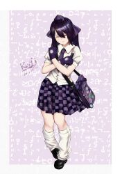 Rule 34 | 1girl, badge, bag, black footwear, bow, boxcutter, button badge, checkered clothes, checkered skirt, closed eyes, closed mouth, collared shirt, commentary request, cookie (touhou), expressionless, full body, gloves, hair between eyes, hair bow, hat, hata-tan (rui (hershe)), highres, himekaidou hatate, holding, holding boxcutter, long bangs, long hair, loose socks, pill, puffy short sleeves, puffy sleeves, purple bow, purple gloves, purple hair, purple hat, purple skirt, reiji (zero), shirt, shoes, short sleeves, skirt, socks, solo, standing, text background, tokin hat, touhou, white shirt, white socks, x arms, yurina amado