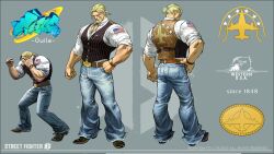 Rule 34 | 1boy, absurdres, beard, belt, blonde hair, capcom, character name, character sheet, chest hair, copyright name, denim, facial hair, fighting stance, full body, guile, highres, jeans, muscular, muscular male, official alternate costume, official alternate hairstyle, official art, open collar, pants, ponytail, street fighter, street fighter 6, vest