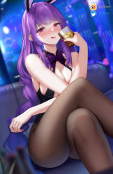 Rule 34 | 1girl, :q, absurdres, alcohol, black pantyhose, blue hair, bow, bowtie, braid, breasts, crossed legs, cup, drinking glass, genshin impact, heart, heart-shaped pupils, highres, holding, holding cup, hong bai, large breasts, long hair, looking at viewer, low-braided long hair, low-tied long hair, multicolored hair, pantyhose, purple bow, purple bowtie, purple eyes, purple hair, raiden shogun, sitting, solo, symbol-shaped pupils, tongue, tongue out, two-tone hair, very long hair