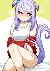 Rule 34 | 1girl, absurdres, animal ears, ao (user xcnx5328), breasts, closed mouth, collarbone, commentary request, embarrassed, highres, horse ears, horse girl, horse tail, jacket, looking at viewer, mejiro mcqueen (umamusume), purple eyes, purple hair, simple background, sitting, small breasts, solo, sports bra, steaming body, sweat, tail, tracen training uniform, track jacket, umamusume
