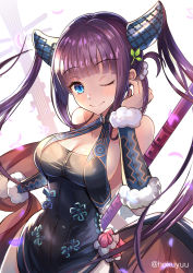 Rule 34 | 1girl, black dress, blue eyes, blunt bangs, blush, breasts, china dress, chinese clothes, cleavage, closed mouth, dress, fate/grand order, fate (series), hair ornament, hand up, highres, hokuyuu, large breasts, leaf hair ornament, long hair, looking at viewer, one eye closed, petals, purple hair, smile, solo, twintails, twitter username, white background, yang guifei (fate), yang guifei (second ascension) (fate)