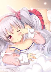 Rule 34 | 1girl, ;o, animal ears, azur lane, bare shoulders, black hairband, blush, breasts, camisole, cleavage, clenched hand, collarbone, commentary request, fingernails, grey hair, hair between eyes, hair ornament, hair scrunchie, hairband, heart, heart-shaped pillow, jacket, laffey (azur lane), long hair, long sleeves, looking at viewer, lying, off shoulder, on side, one eye closed, parted lips, pillow, pink jacket, pleated skirt, rabbit ears, red eyes, red scrunchie, red skirt, scrunchie, shibainu niki, skindentation, skirt, sleepy, sleeves past wrists, small breasts, solo, strap slip, thighhighs, twintails, very long hair, white camisole, white thighhighs
