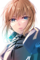 Rule 34 | 1girl, armor, artoria pendragon (all), artoria pendragon (fate), blonde hair, blue eyes, breastplate, fate/stay night, fate (series), hair between eyes, highres, looking at viewer, parted lips, portrait, ro96cu, saber (fate), short hair, solo, white background