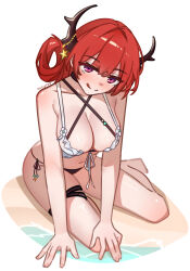 Rule 34 | 1girl, :q, absurdres, anklet, arknights, artist name, bad feet, bare shoulders, barefoot, beach, bikini, black bikini, black choker, black panties, blush, bow, breasts, choker, cleavage, collarbone, day, dragon horns, frilled bikini, frills, full body, hair ornament, hair rings, hands on own knees, heart, heart-shaped pupils, highres, horn ornament, horns, jewelry, large breasts, legs, licking lips, looking at viewer, naughty face, navel, occytea, official alternate costume, outdoors, panties, purple eyes, red hair, ripples, shiny skin, side-tie bikini bottom, sitting, skindentation, smile, solo, star (symbol), star hair ornament, stomach, string bikini, surtr (arknights), surtr (colorful wonderland) (arknights), sweat, swimsuit, symbol-shaped pupils, thigh strap, thighs, tongue, tongue out, underwear, wariza, water, wet, white bow