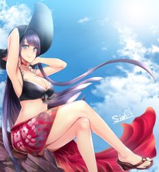 Rule 34 | 1girl, armpits, arms behind head, arms up, artist name, bare shoulders, bikini, bikini top only, black bikini, black hat, blue eyes, blue sky, blunt bangs, breasts, choker, cleavage, closed mouth, cloud, collarbone, cross, crossed legs, day, fate/grand order, fate (series), feet, hat, large breasts, legs, long hair, looking at viewer, looking to the side, martha (fate), martha (swimsuit ruler) (fate), navel, purple hair, red sarong, sandals, sarong, sian, signature, sitting, sky, smile, solo, sun hat, sunlight, swimsuit, thighs