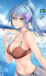 Rule 34 | 1girl, bare arms, bare shoulders, beach, bikini, blue hair, blue sky, breasts, brown bikini, brown eyes, character name, cleavage, collarbone, cowboy shot, day, flower, gotland (kancolle), hair flower, hair ornament, highres, index finger raised, jenson tw, jewelry, kantai collection, large breasts, long hair, mole, mole under eye, navel, necklace, o-ring, o-ring bikini, o-ring top, ocean, outdoors, parted lips, petals, ponytail, purple flower, sarong, sheep, sidelocks, sky, smile, solo, stomach, swedish flag, swimsuit, water