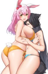 Rule 34 | 2girls, :d, absurdres, animal ears, ass, asymmetrical docking, bikini, black hair, borrowed character, breast press, breasts, cat ears, cat tail, grey eyes, highres, large breasts, long hair, multiple girls, navel, open mouth, original, pink hair, rabbit ears, rabbit girl, rabbit tail, scarf, side-tie bikini bottom, simple background, smile, suruga (xsurugax), swimsuit, tail, white background, yellow eyes