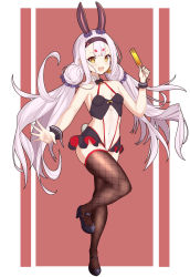 Rule 34 | 1girl, absurdres, alternate costume, animal ears, azur lane, blush, breasts, collarbone, fake animal ears, fishnet thighhighs, fishnets, hair between eyes, headband, highres, jie xian (tsuki), leg up, leotard, low twintails, navel, official alternate costume, open mouth, playboy bunny, rabbit ears, shimakaze (azur lane), shimakaze (world&#039;s speediest bunny waitress) (azur lane), silver hair, small breasts, thighhighs, twintails, yellow eyes