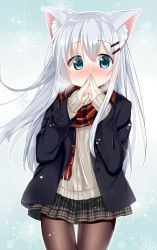 Rule 34 | 1girl, animal ears, black coat, black skirt, blue eyes, blush, brown pantyhose, cacao (chocolat), cat ears, coat, commentary request, covered mouth, cowboy shot, fringe trim, grey sweater, hair between eyes, hair ornament, hairclip, highres, long hair, nose blush, original, pantyhose, pleated skirt, red scarf, scarf, silver hair, skirt, snowflakes, solo, steepled fingers, sweater, thigh gap, very long hair