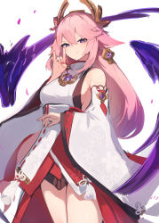 Rule 34 | 1girl, blush, breasts, cherry blossoms, detached sleeves, female focus, floppy ears, fox shadow puppet, genshin impact, highres, japanese clothes, lansane, looking at viewer, medium breasts, miko, mitsudomoe (shape), obiage, obijime, pink hair, priestess, purple eyes, sideboob, smile, solo, tomoe (symbol), white background, wide sleeves, yae miko