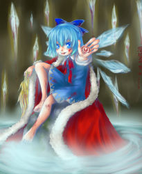 Rule 34 | 1girl, artist request, barefoot, blood, blood on clothes, blood on face, blood on hands, blue hair, bow, cape, circled 9, cirno, deviantart, dress, female focus, full body, hair between eyes, hair bow, phantasmagoria of flower view, short hair, sitting, solo, touhou, wings
