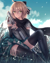 Rule 34 | 1girl, absurdres, advarcher, ahoge, artist name, bad id, bad pixiv id, black scarf, blonde hair, blue sky, cloud, commentary, fate/grand order, fate (series), field, grass, hair between eyes, haori, highres, japanese clothes, katana, long scarf, looking at viewer, okita souji (fate), okita souji (koha-ace), scarf, sheath, sheathed, short hair, sky, smile, solo, sword, thighhighs, thighs, twitter username, weapon, yellow eyes