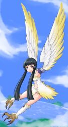 Rule 34 | 1girl, :d, absurdres, bird legs, black hair, blue sky, blunt ends, brown eyes, claws, cloud, day, feathered wings, flying, gonyleptidae, harpy, highres, idolmaster, idolmaster million live!, idolmaster million live! theater days, kitakami reika, long hair, looking at viewer, monster girl, monsterification, navel, ocean, open mouth, outdoors, sky, smile, solo, twintails, very long hair, winged arms, wings