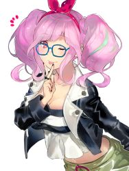 Rule 34 | 1girl, ;p, aisutabetao, black jacket, black nails, blue-framed eyewear, bow, breasts, cleavage, glasses, hair bow, hairband, jacket, large breasts, leaning forward, long hair, long sleeves, looking at viewer, macross, macross delta, makina nakajima, midriff, multicolored hair, nail polish, navel, one eye closed, open clothes, open jacket, pink hair, red bow, red eyes, red hairband, shirt, simple background, solo, standing, stomach, streaked hair, tongue, tongue out, white background