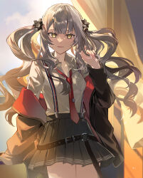 Rule 34 | 1girl, belt, black belt, black jacket, black skirt, collared shirt, commentary request, curtains, fate/grand order, fate (series), fingernails, grey hair, hand in own hair, highres, indoors, jacket, long hair, long sleeves, looking at viewer, marie antoinette (alter) (fate), marie antoinette (alter) (first ascension) (fate), marie antoinette (fate), necktie, off shoulder, open clothes, open jacket, pleated skirt, pocket, poppoman, red necktie, school uniform, shirt, sidelocks, skirt, smile, solo, sunlight, suspenders, twintails, very long hair, white shirt, yellow eyes