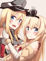 Rule 34 | 10s, 2girls, :d, armor, bad id, bad pixiv id, bismarck (kancolle), blonde hair, blue eyes, blush, braid, breastplate, crown, detached sleeves, dress, french braid, hat, highres, kantai collection, kapatarou, long hair, looking at viewer, military hat, mini crown, multiple girls, off-shoulder dress, off shoulder, open mouth, peaked cap, smile, upper body, warspite (kancolle), white dress