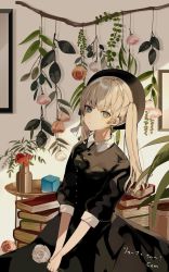 Rule 34 | 1girl, blonde hair, book, book stack, chiemo (xcem), closed mouth, commission, flower, frown, grey eyes, hat, long hair, looking at viewer, original, rose, skeb commission, solo, twintails, vase, vrchat