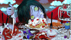 Rule 34 | 2girls, alcohol, ant, bad link, bags under eyes, barefoot, berry, black hair, black pants, bright pupils, bug, cake, clenched teeth, clone, cloud, cloudy sky, collared shirt, commentary request, covering own ears, crushed can, cup, cupcake, dress shirt, drinking glass, empty eyes, food, fruit, genoge (nakiso), green eyes, grey eyes, hair in own mouth, hair spread out, head tilt, hiding, highres, holding, holding knife, insect, jewelry, kitchen knife, knife, long hair, long sleeves, looking at viewer, marionette, mini person, minigirl, mountain, multicolored eyes, multiple girls, napolitan, pants, parted lips, planted, planted knife, planted weapon, pomegranate, puppet, red sky, reflection, ring, ring removed, shida 7, shirt, sky, spill, strawberry, table, tablecloth, teeth, weapon, white pupils, wide-eyed, wine, wine glass