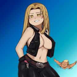 Rule 34 | 1boy, 1girl, areola slip, belt buckle, black gloves, black pants, black survival, black vest, blonde hair, blue background, blush, breasts, brown gloves, buckle, collared vest, commentary request, contrapposto, cowboy shot, gloves, gradient background, grin, hand in pocket, highres, jenny sinclair, kurodani yamame, large breasts, long hair, looking at viewer, magnus scott, navel, pants, parted bangs, rinyamame, smile, solo focus, touhou, vest, yellow eyes