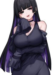 Rule 34 | 1girl, bare shoulders, black choker, black dress, bocchi the rock!, breasts, choker, colored inner hair, covered navel, dress, ear piercing, forked tongue, green eyes, highres, kushinaka, large breasts, long sleeves, looking at viewer, multicolored hair, open mouth, pa-san, piercing, purple hair, simple background, solo, teeth, tongue, tongue out, upper teeth only, white background