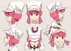 Rule 34 | 10s, 1girl, character sheet, female focus, hat, jakuzure nonon, kill la kill, looking at viewer, official art, pink eyes, pink hair, simple background, smile, solo, sushio, upper body