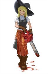 Rule 34 | 1girl, apron, blonde hair, braid, breasts, chainsaw, dress, flasso, hat, highres, kirisame marisa, long hair, looking at viewer, open mouth, simple background, single braid, smile, solo, touhou, white background, witch hat