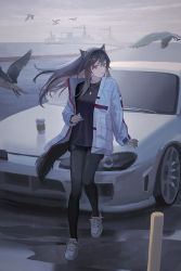 Rule 34 | 1girl, animal ears, arknights, bird, black hair, black pantyhose, black shirt, black shorts, car, cigarette, full body, highres, jacket, long sleeves, motor vehicle, nissan, nissan s15 silvia, nissan silvia, open clothes, open jacket, orange eyes, pantyhose, parted lips, shikisimayu, shirt, shoes, shorts, sneakers, solo, tail, texas (arknights), white footwear, white jacket, wolf ears, wolf tail