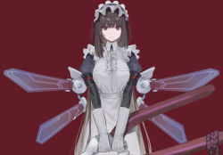 Rule 34 | 1girl, breasts, brown hair, closed mouth, dress, frills, gloves, holding, large breasts, last origin, long hair, looking at viewer, maid, maid headdress, mechanical wings, mel (dodosae), oversized object, pliers, red background, red eyes, scissors lise, simple background, solo, upper body, very long hair, white dress, white gloves, wings
