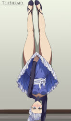 Rule 34 | 1girl, absurdres, artist name, bare legs, blue dress, blue eyes, blush, braid, braided ponytail, breasts, clenched teeth, commentary, covering privates, covering crotch, dress, dress tug, english commentary, female focus, frilled dress, frills, handstand, highres, long hair, long sleeves, looking at viewer, lycoris challenge (meme), lycoris recoil, medium breasts, meme, one arm handstand, rwby, sash, scar, scar across eye, scar on face, shoes, short dress, solo, teeth, tehshraid, thighs, upside-down, v-shaped eyebrows, weiss schnee, white hair
