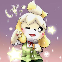 Rule 34 | 1girl, animal crossing, arm up, black sclera, blonde hair, colored sclera, dog, female focus, furry, furry female, furuya muku, green vest, hair ornament, hand up, happy, holding, isabelle (animal crossing), microphone, nintendo, no humans, one eye closed, open mouth, ponytail, shirt, short hair, short sleeves, smile, solo, star (symbol), vest, white eyes, white shirt, wink