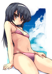 Rule 34 | 10s, 1girl, bikini, black hair, breasts, brown eyes, cleavage, girls und panzer, hairband, long hair, looking at viewer, navel, reizei mako, shinshin, sitting, small breasts, solo, striped bikini, striped clothes, swimsuit