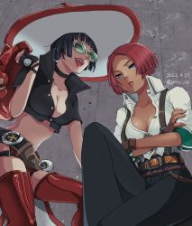 Rule 34 | 2girls, arc system works, black hair, blue eyes, breasts, cleavage, fingerless gloves, giovanna (guilty gear), glasses, gloves, green-tinted eyewear, green-tinted glasses, guilty gear, guilty gear strive, hat, highres, i-no, midriff, multiple girls, red hair, sunglasses, thighhighs, tinted eyewear, witch hat