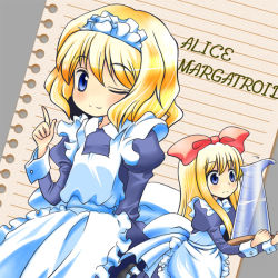 Rule 34 | 1girl, alice margatroid, alternate costume, apron, blonde hair, blue eyes, bow, character name, dutch angle, enmaided, facing away, frown, grey background, hair bow, index finger raised, juliet sleeves, light smile, long hair, long sleeves, looking at viewer, maid, maid apron, maid headdress, one eye closed, pitcher (container), puffy sleeves, shanghai doll, short hair, sidelocks, solo, touhou, tray, wink, wrist cuffs, yuuma (pumpkin)