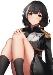 Rule 34 | 1girl, absurdres, aratake, black hair, black socks, breasts, closed mouth, feet out of frame, girls&#039; frontline, hand on own knee, heterochromia, highres, light blush, lips, long hair, long sleeves, looking at viewer, low twintails, marching band, medium breasts, multicolored hair, official alternate costume, orange eyes, ro635 (girls&#039; frontline), ro635 (molten moon in the water) (girls&#039; frontline), simple background, sitting, smile, socks, solo, streaked hair, twintails, uniform, white background, yellow eyes