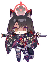 Rule 34 | 1girl, absurdres, animal ear fluff, animal ears, bayonet, black footwear, black gloves, black hair, black sailor collar, black shirt, blue archive, brown eyes, chibi, fingerless gloves, fishnet thighhighs, fishnets, floral print, full body, gloves, gun, halo, highres, long hair, long sleeves, looking at viewer, multicolored hair, panatisia, parted lips, pleated skirt, red hair, rifle, sailor collar, shaded face, shirt, shoes, simple background, skirt, solo, standing, thighhighs, two-tone hair, very long hair, wakamo (blue archive), weapon, weapon across shoulders, weapon request, white background, white skirt, wide sleeves